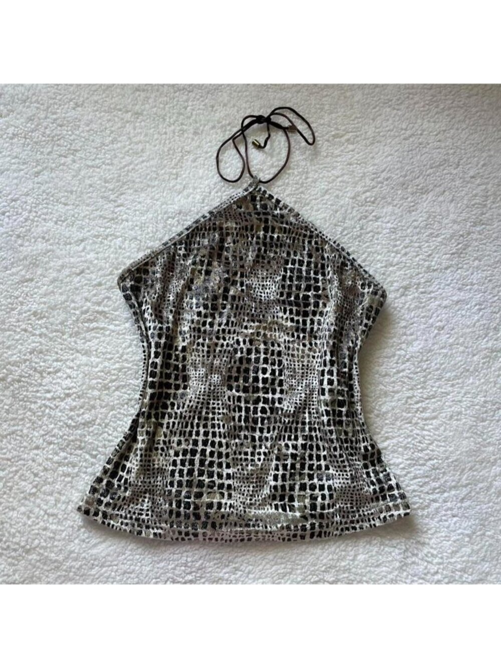 Y2K Express beige velvet and metallic animal print halter top